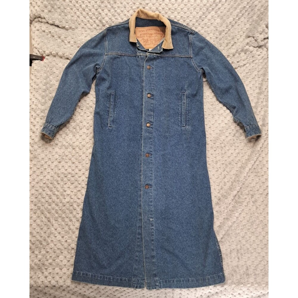 Vtg 80s Levi's Denim Duster Jacket Trench Long Barn Coat Corduroy Mens Small USA